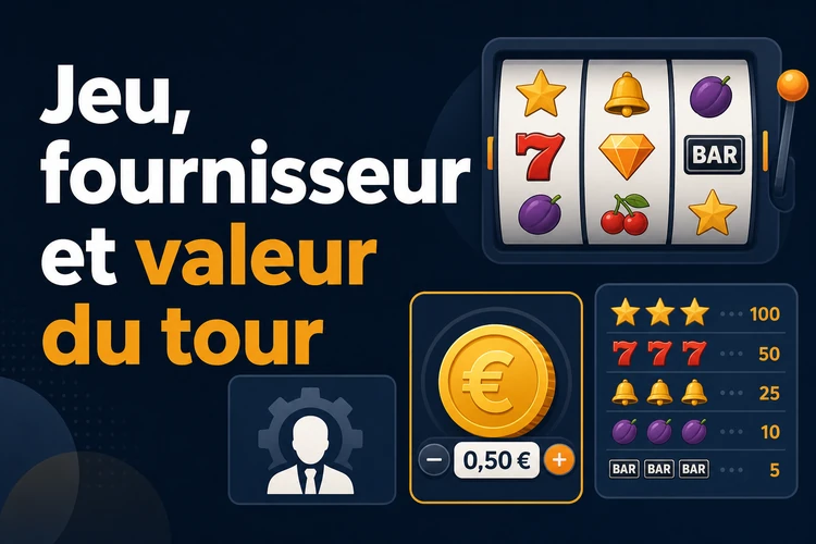 Jeu sélectionné, fournisseur et valeur d’un tour gratuit